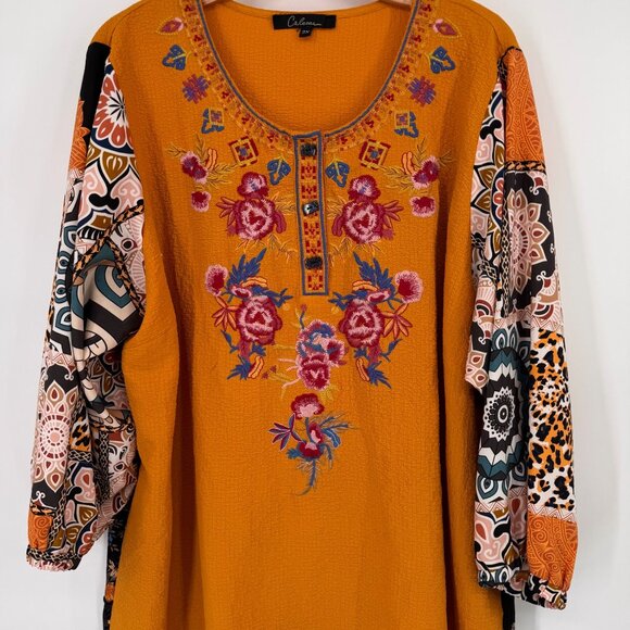Caleaoa Womens size  2X Floral Embroidered Boho Tunic Top Patterned Panels - Picture 2 of 12